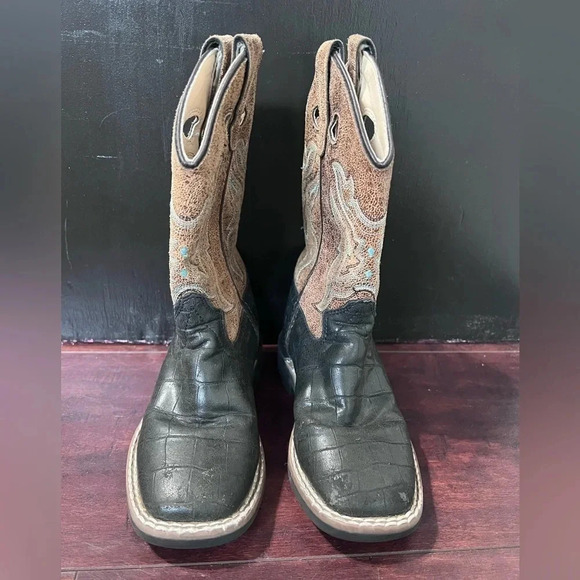 Old West Brown/Tan/Blue Youth Boys Leather Like Square Toe Cowboy Boots EUC - Picture 1 of 6
